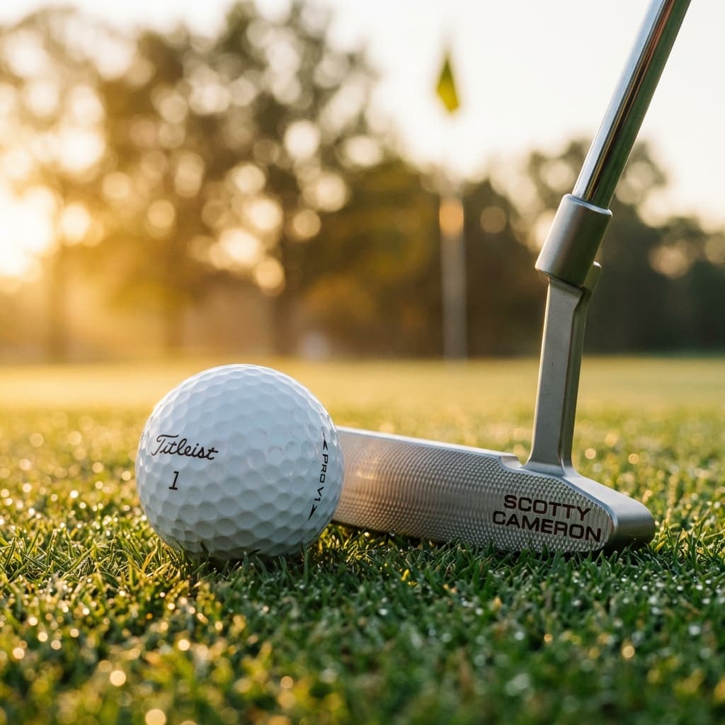 Golf ball and club on green grass during sunset